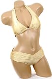 Sexy Bathing Suit Cute Juniors Gold Shimmer Dots Ruched Band 2 pc Halter Bikini Swimsuit