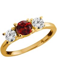 1.10 Ct Round Red Garnet and White Diamond 18k Yellow Gold Ring
