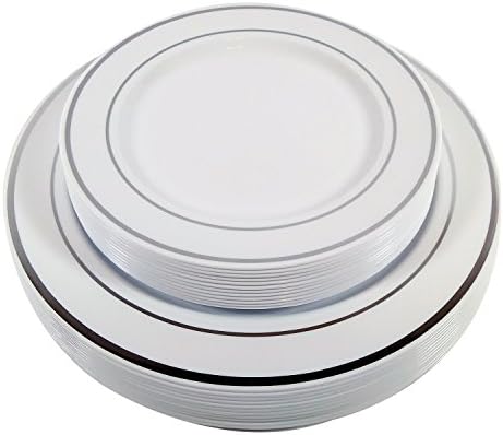 Fancy Plastic Plates - Set of 12 Dinner Plates (10 inches) and 12 Salad/Dessert Plates (7.38 inches) - White with Silver Trim - Disposable (12, Silver Trim)