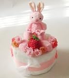 出産祝い・誕生日　ストロベリーwith ソックス＆バニーの　おむつケーキ　Pink　Girl(ギフトBOX付）