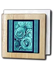 Tiffany Blue Rose Bouquet Surrounded by Blue Damask Ribbon Trim - 6 Inch Tile... by 