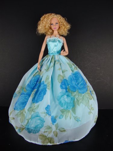 Blue Gown with Blue Rose Patterns on the Skirt Made to Fit the Barbie Doll