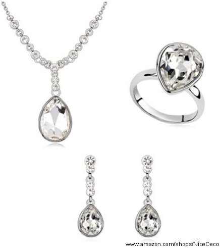 Nicedeco JE-SW-TZ009-white,Swarovski Elements Austrian Crystal Jewelry Sets,Rouge tears,Necklace,ring,And Earring(3-Piece Set),Elegant style and exquisite craftsmanship