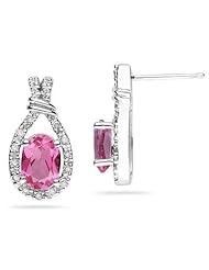 Pink Topaz & Diamonds Oval Shape Earrings in White Gold