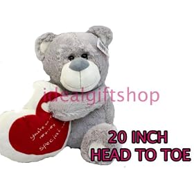GIFT BAGGED ST VALENTINES DAY SUPER SOFT BEAR LARGE 20''(50CM) WITH LOVE HEART PLUSH TOY GREY