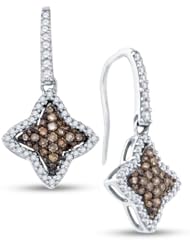 10K White Gold Round Brilliant Cut Chocolate Brown and White Diamond - Diamond Shape Halo Channel Set Dangle Earrings - (.63 cttw.)