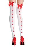 White Thigh Hi Stockings Red HEARTS Back Seam Satin Bows