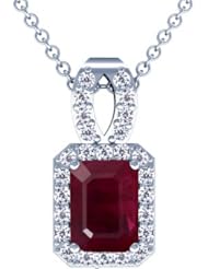 14K White Gold Emerald Cut Ruby And Round Diamond Pendant