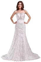 Hot Sale GEORGE BRIDE Sexy Mermaid Lace Over Satin Chapel Train Bridal Gowns Size 6 White