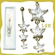14k Gold Belly Ring 3 Star Design with Clear CZ / Dangle - Sold Individually
