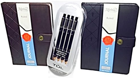 Markings By C.r. Gibson Debossed Italian Leatherette Journals Brown and Black (Set of 2 Journals) Plus a Pack of Four Limited Edition Ballpoint Retractable Black Pens By TUL (1.0mm) Bundle