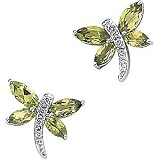 14K White Gold Genuine Peridot & Diamond Dragonfly Earrings