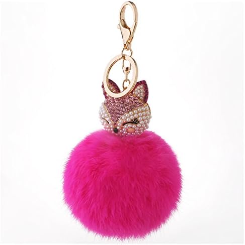Lovef Cute Womens Ladies Girls Crystal Diamond Keychain Keyrings Fox Head Rabbit Fur Hair Pearl Rhinestone Ball Pompoms Key Chain for Car Keys Ring Clip with Carabiners Charm or Bags Hanging Pendant (2#)