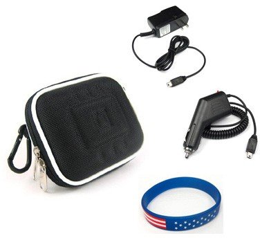 Garmin Nuvi 370 Accessory Bundle - Premium Nylon/ EVA Carrying Case (Black) + Car Charger + Home Travel AC Charger + Free Stars Stripes Silicone Wristband