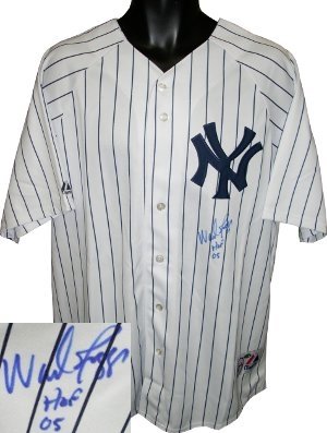 Wade Boggs Autographed/Hand Signed New York Yankees White Pinstripe Majestic Jersey HOF 05- Mounted