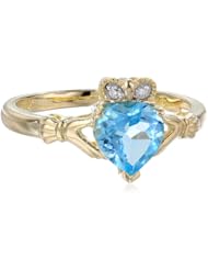 XPY 10k Yellow Gold Heart-Shaped Blue Topaz and Diamond-Accent Claddagh Ring (.016 cttw, I-J Color, I2-I3 Clarity)