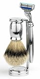 Edwin Jagger Bulbous Lined 3 piece set; Gillette&reg; Mach3&reg;, best badger shaving brush & stand - chrome.