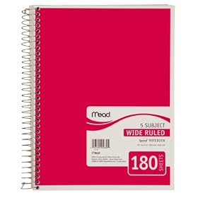 Mead Spiral Notebook, 5-Subject, 180-Count, Wide Ruled, Red (72237)