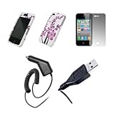 Apple iPhone 4 - Premium Pink and White Spring Flowers Design Snap-On Cover Hard Case Cell Phone Protector + Crystal Clear Screen Protector + Rapid Car Charger + USB Data Charge Sync Cable for Apple iPhone 4