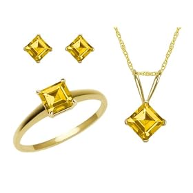 10k Yellow Gold, November Birthstone, Citrine Ring, Pendant and Earrings Set, Ring, Size 7