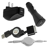 GTMax Retractable USB Data Cable + USB Rapid Car Charger + USB Home Travel Charger + White Retractable Stereo Audio Cable M/M for Microsoft Zune HD / Zune 120GB / Zune 16GB / Zune 80GB / Zune 4GB 8GB / Zune 30GB