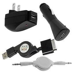 GTMax Retractable USB Data Cable + USB Rapid Car Charger + USB Home Travel Charger + White Retractable Stereo Audio Cable M/M for Microsoft Zune HD / Zune 120GB / Zune 16GB / Zune 80GB / Zune 4GB 8GB / Zune 30GB
