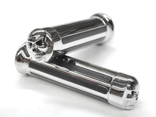 Motorcycle Skull Chrome Rubber Hand Handlebar Grips Grip Custom High Quality Chrome Billet Grips Fits Cruisers, Choppers, Harley Davidson, Suzuki, Kawasaki, Yamaha, Honda, Metric Motor Bikes, Hogs with 1