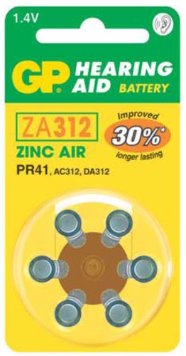 GP ZA312 Brown Hearing Aid Batteries (Card of 6) PR41 A312