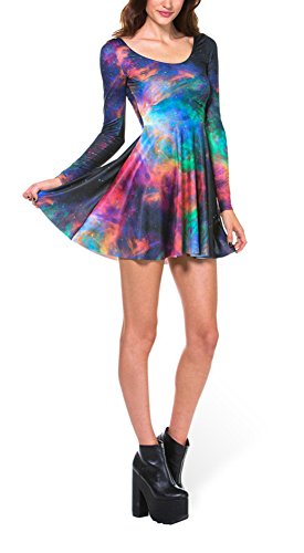 Girl's Rainbow Galaxy Print Stretchy Cocktail Party Crewneck Mini Skater Dress L
