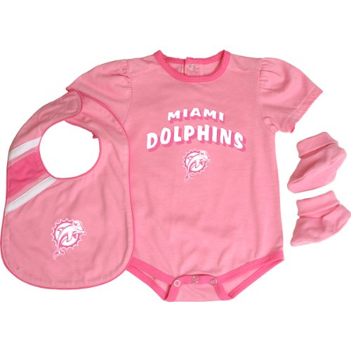 Reebok Miami Dolphins Newborn Creeper, Bib and Bootie Set - Pink 0-3 Months