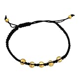Stainless Steel Gold Tone Ball Studded Black Braided Bracelet