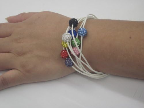 White Multi Strand Leather Bracelet with 9 Multi Color Pave Crystal Disco Balls. Magnet Easy Closure. 8 Inch Length.