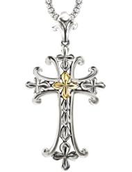 925 Silver Fleur-De-Lis Cross Pendant with 18k Gold Accents