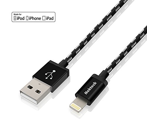 [Apple MFi Certified] Lightning to USB Cable, Nekteck Nylon Braided Charge and Sync Cord 6.6ft / 2m for Apple iPhone 6s / 6/ Plus SE 5S iPad Pro Air 2 mini 4/3 iPod 5 iPod Nano and More - Black