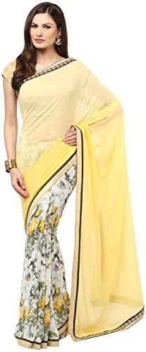 Lemon And Off White Half And Half Faux Georgette Saree
