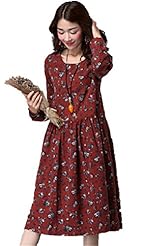 Spring Winter Floral Print Sweater Vintage Cotton/Linen  Dress