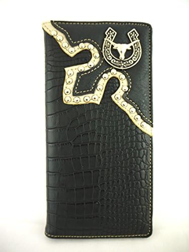 Men's Texas Horse Shoe Longhorn Exotic Crocodile Leather Bifold Checkbook Style Long Wallet / ID Case (Black)