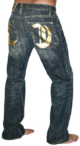 CHRISTIAN AUDIGIER Ed Hardy Mens Signature Gold C Logo Loose Fit Blue Denim Jeans Pants 34 Inseam