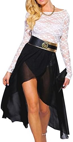 ZLM Women's Fashion Lace Splice Top Chiffon Maxi Two piece Dress Black White