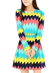 A-line Long Sleeves Elasticized   Waistline Zig Zag Round Neck Polyester Mini Dress 