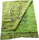 Vietnamese Embroidered Silk Scarf - Loden Green / Lime Green
