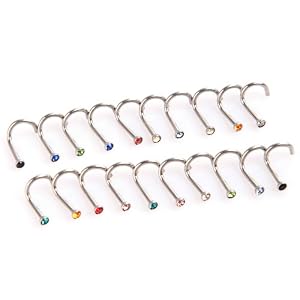 TOMTOP 20pcs Colorful Stainless Steel Rhinestone Curved Nose Studs Rings Bars Piercing