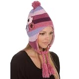 Knit Multi-Color Striped Fully Lined Winter Earflap Hat / Cap with Crochet Flower Accent ( 5 Colors )