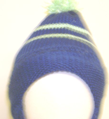 Knitted on Hand Knitting Machine Navy Chenille Blue Chenille Trim Infant Boys Hat with Earflap and Pom Pom