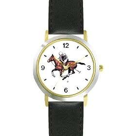 Polo Pony and Rider Chasing Down the Ball Horse - WATCHBUDDY® DELUXE TWO-TONE THEME WATCH - Arabic Numbers - Black Leather Strap-Children's Size-Small ( Boy's Size & Girl's Size )