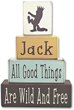 Personalized wild thing nursery decor, where the wild things are quote, all good things are wild and free primitive stacking wood sign blocks by Apple Jack Designs