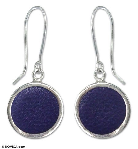 Leather earrings, 'Blue Eyes' 0.6 W 1.4 L