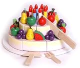 from iAuctionShop Wooden Happy Birthday cake toy with platter Knife Fork and cake slice
