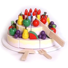 Wooden Happy Birthday cake toy with platter Knife Fork and cake slice