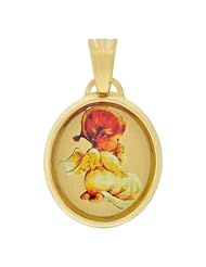 14k Yellow Gold, Praying Baby Angel Pendant Charm with Colorful Enamel Oval 15mm Wide